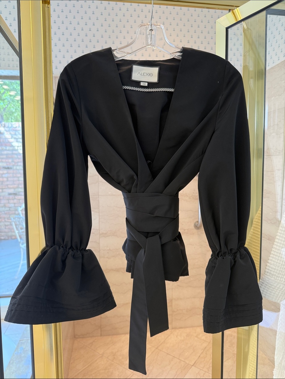 Alexis Black Wrap Top with Wide Self Tie- very glamorous with plunging crossover